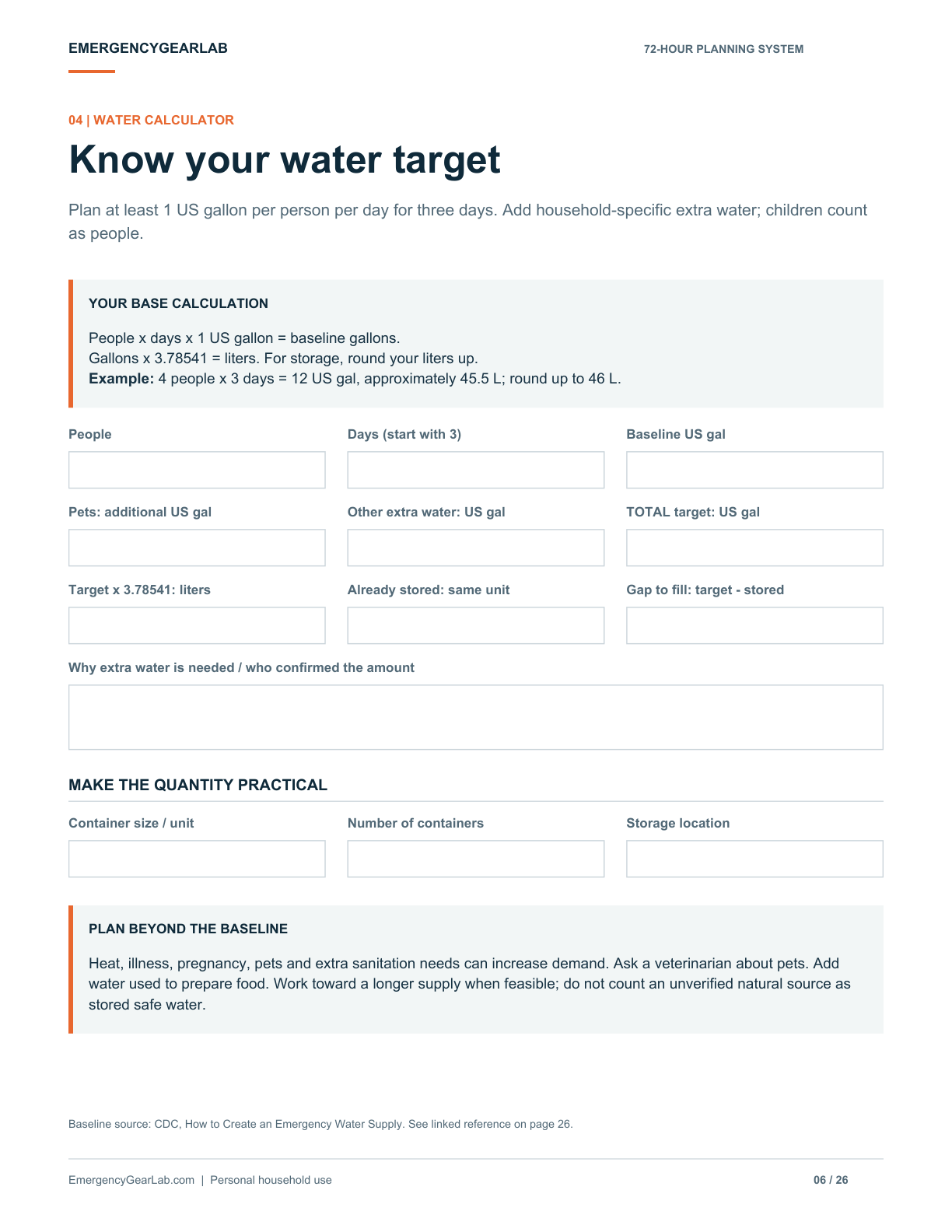 Sample of the water planning worksheet with household targets and fillable fields
